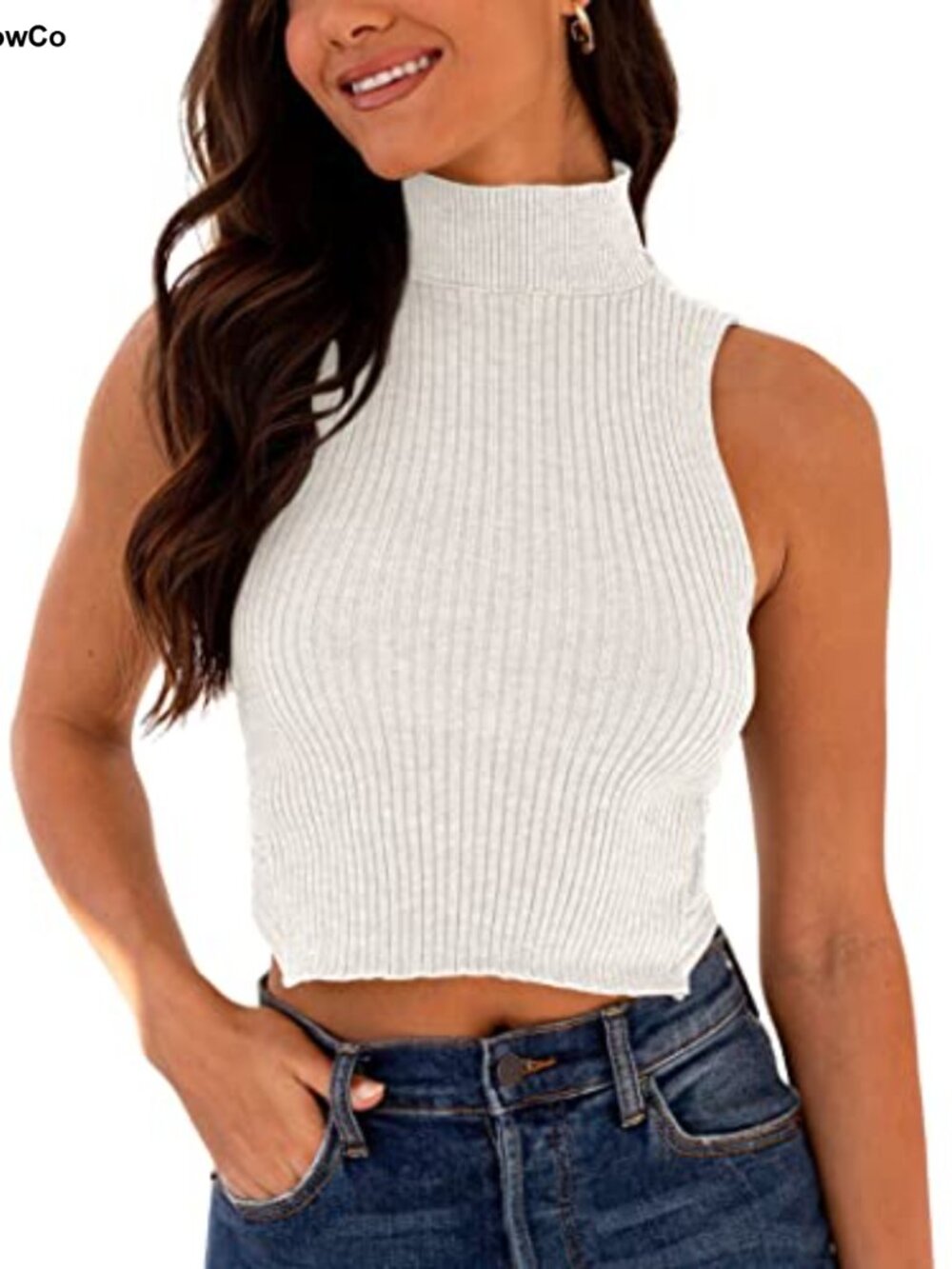 Mock Neck Ribbed Knit Sweater Vest Sleeveless Crossback Crop Top